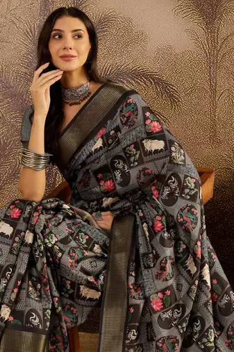 Black tussar silk blend printed saree with unstitched blouse piece