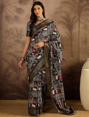 Black tussar silk blend printed saree with unstitched blouse piece 1