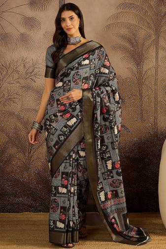 Black tussar silk printed saree with unstitched blouse piece