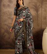 Black tussar silk printed saree with unstitched blouse piece