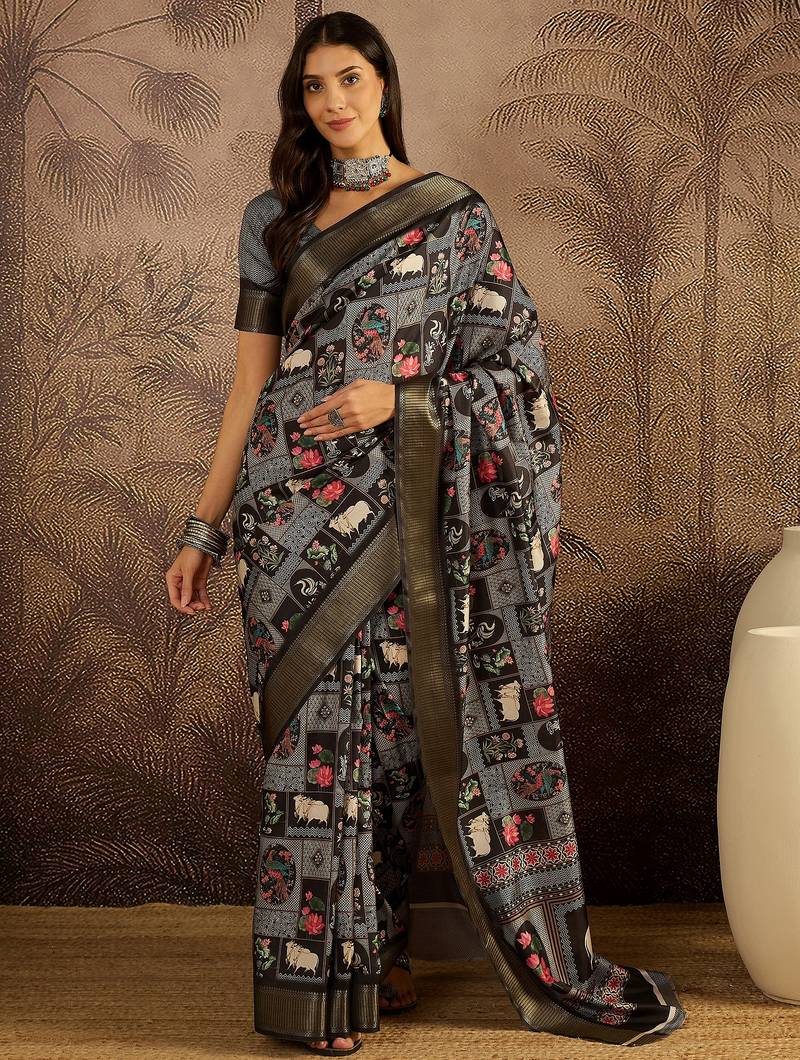 Black tussar silk printed saree with unstitched blouse piece