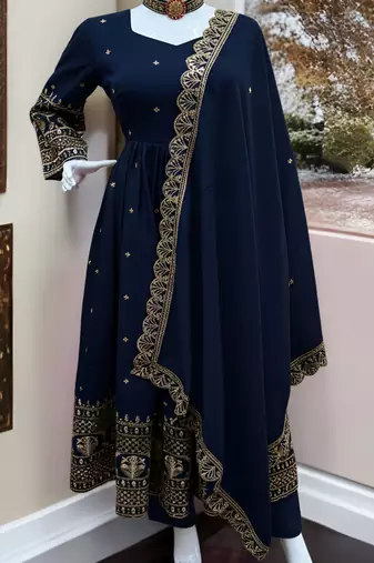 Glamorous Navy Blue Sequin Embroidered Silk Traditional Gown With Dupatta