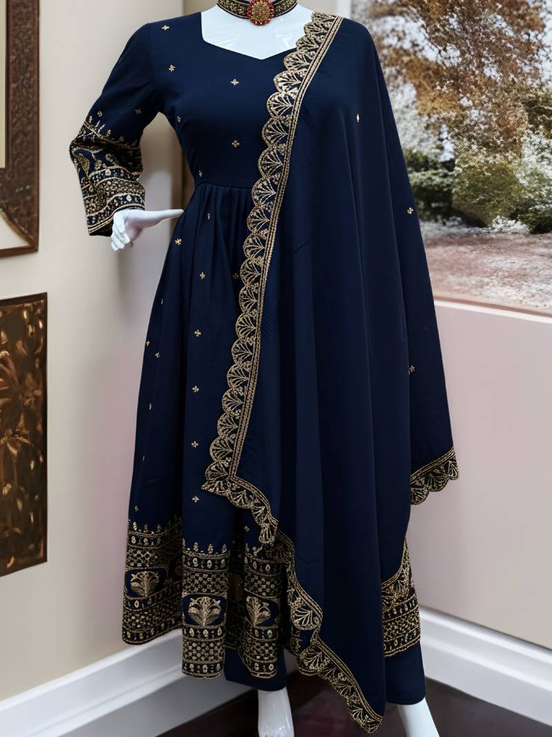 Glamorous Navy Blue Sequin Embroidered Silk Traditional Gown With Dupatta