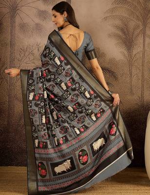 Black tussar silk blend printed saree with unstitched blouse piece 3