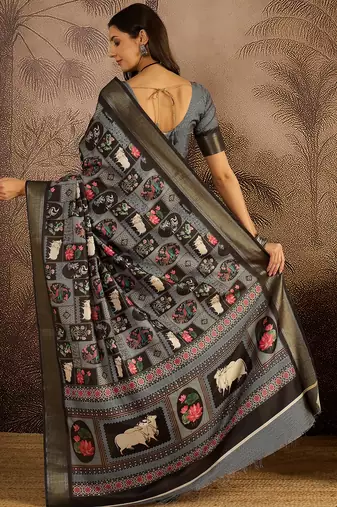 Black tussar silk blend printed saree with unstitched blouse piece
