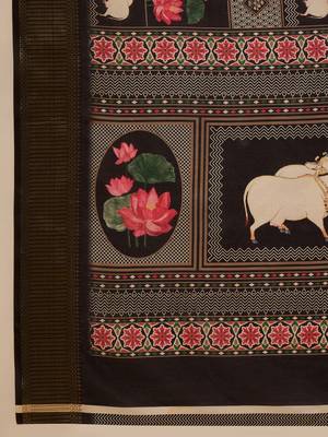 Black tussar silk blend printed saree with unstitched blouse piece 5