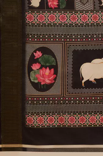 Black tussar silk blend printed saree with unstitched blouse piece