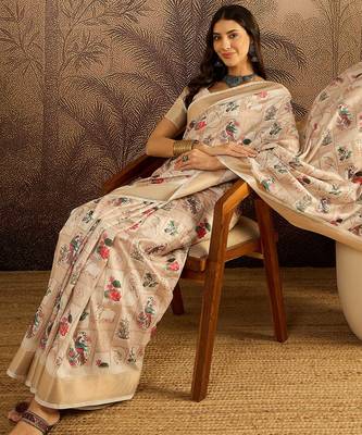 Cream tussar silk blend printed saree with unstitched blouse piece 2