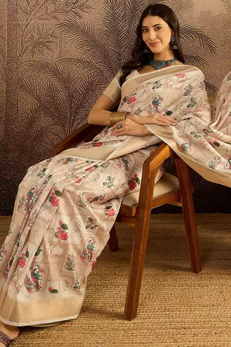 Cream tussar silk blend printed saree with unstitched blouse piece