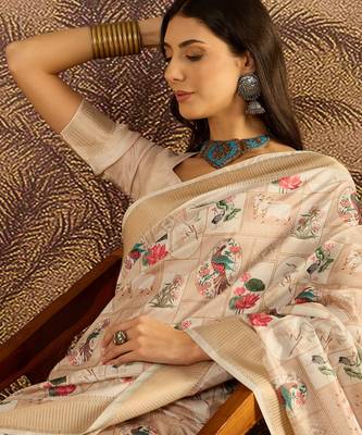 Cream tussar silk blend printed saree with unstitched blouse piece 3