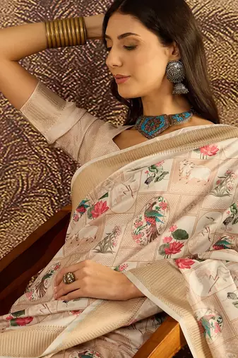 Cream tussar silk blend printed saree with unstitched blouse piece