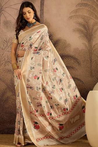 Cream tussar silk printed saree with unstitched blouse piece