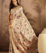 Cream tussar silk printed saree with unstitched blouse piece