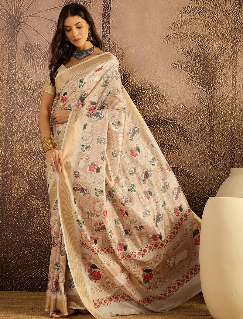Cream tussar silk printed saree with unstitched blouse piece