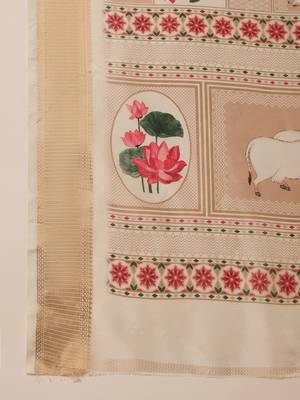 Cream tussar silk blend printed saree with unstitched blouse piece 5