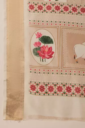Cream tussar silk blend printed saree with unstitched blouse piece