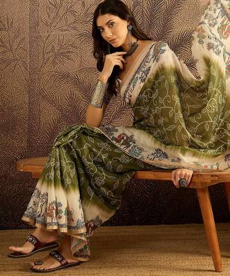 Olive chanderi cotton printed saree with unstitched blouse piece 1