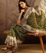 Olive chanderi cotton printed saree with unstitched blouse piece