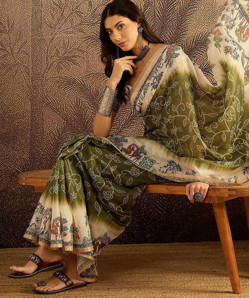 Olive chanderi cotton printed saree with unstitched blouse piece