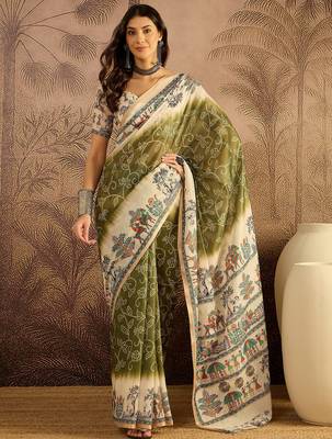 Olive chanderi cotton printed saree with unstitched blouse piece 2