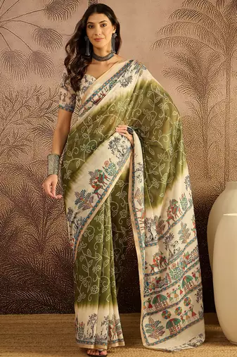 Olive chanderi cotton printed saree with unstitched blouse piece