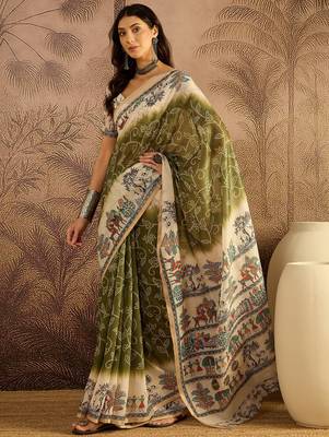 Olive chanderi cotton printed saree with unstitched blouse piece 3