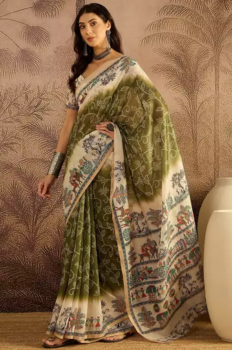 Olive chanderi cotton printed saree with unstitched blouse piece