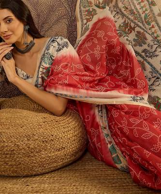 Red chanderi cotton printed saree with unstitched blouse piece 2