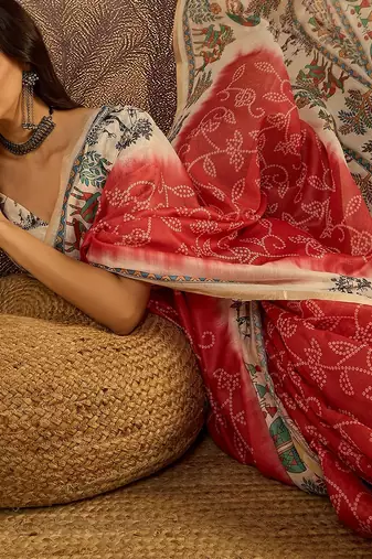 Red chanderi cotton printed saree with unstitched blouse piece
