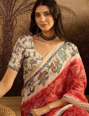 Red chanderi cotton printed saree with unstitched blouse piece 3