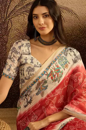 Red chanderi cotton printed saree with unstitched blouse piece