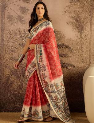 Red chanderi cotton printed saree with unstitched blouse piece 1