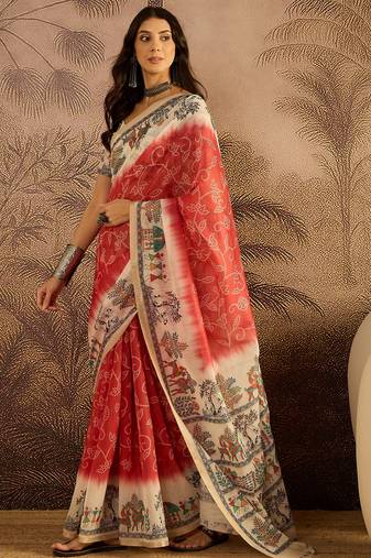 Red chanderi cotton printed saree with unstitched blouse piece