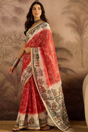 Red chanderi cotton printed saree with unstitched blouse piece