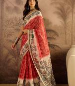 Red chanderi cotton printed saree with unstitched blouse piece