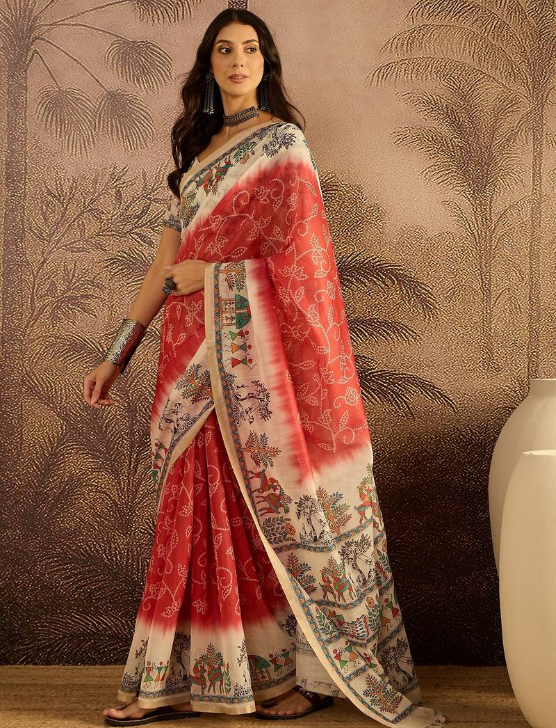 Red chanderi cotton printed saree with unstitched blouse piece