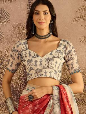 Red chanderi cotton printed saree with unstitched blouse piece 4