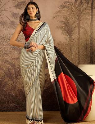 Off white satin printed saree with unstitched blouse piece 1