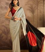 Off white satin printed saree with unstitched blouse piece