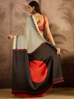 Off white satin printed saree with unstitched blouse piece 3