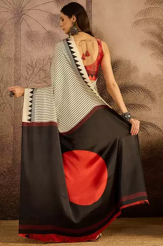 Off white satin printed saree with unstitched blouse piece