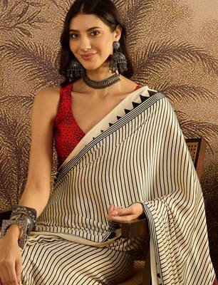 Off white satin printed saree with unstitched blouse piece 4