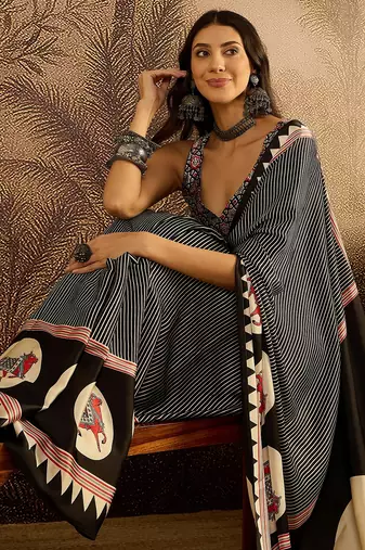 Black satin printed saree with unstitched blouse piece
