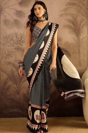 Black satin printed saree with unstitched blouse piece