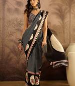 Black satin printed saree with unstitched blouse piece