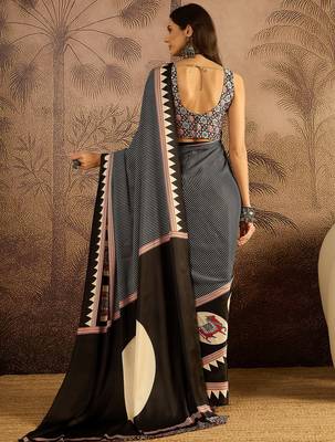 Black satin printed saree with unstitched blouse piece 3