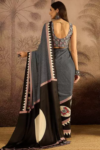 Black satin printed saree with unstitched blouse piece
