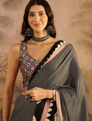 Black satin printed saree with unstitched blouse piece 4