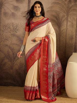 Beige cotton silk blend printed saree with unstitched blouse piece 1