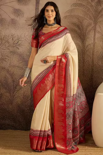 Beige cotton silk printed saree with unstitched blouse piece